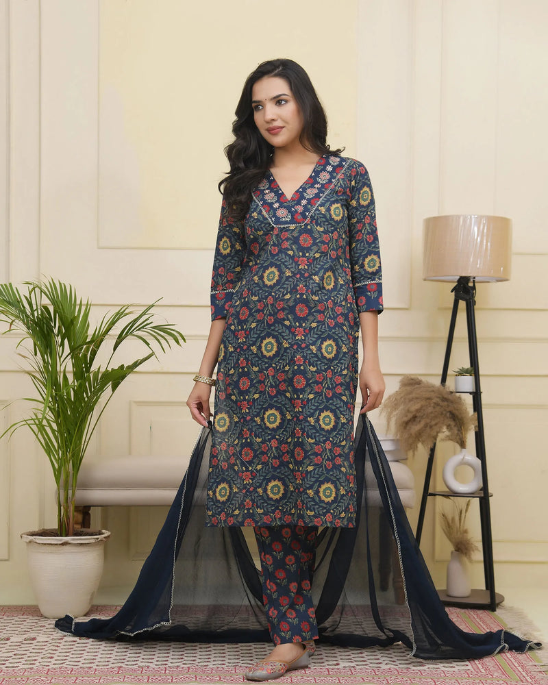 Women Navy Cotton Kurta With Cotton Pant & Dupatta (Set of 5 Pc)