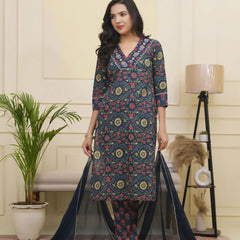 Women Navy Cotton Kurta With Cotton Pant & Dupatta (Set of 5 Pc)
