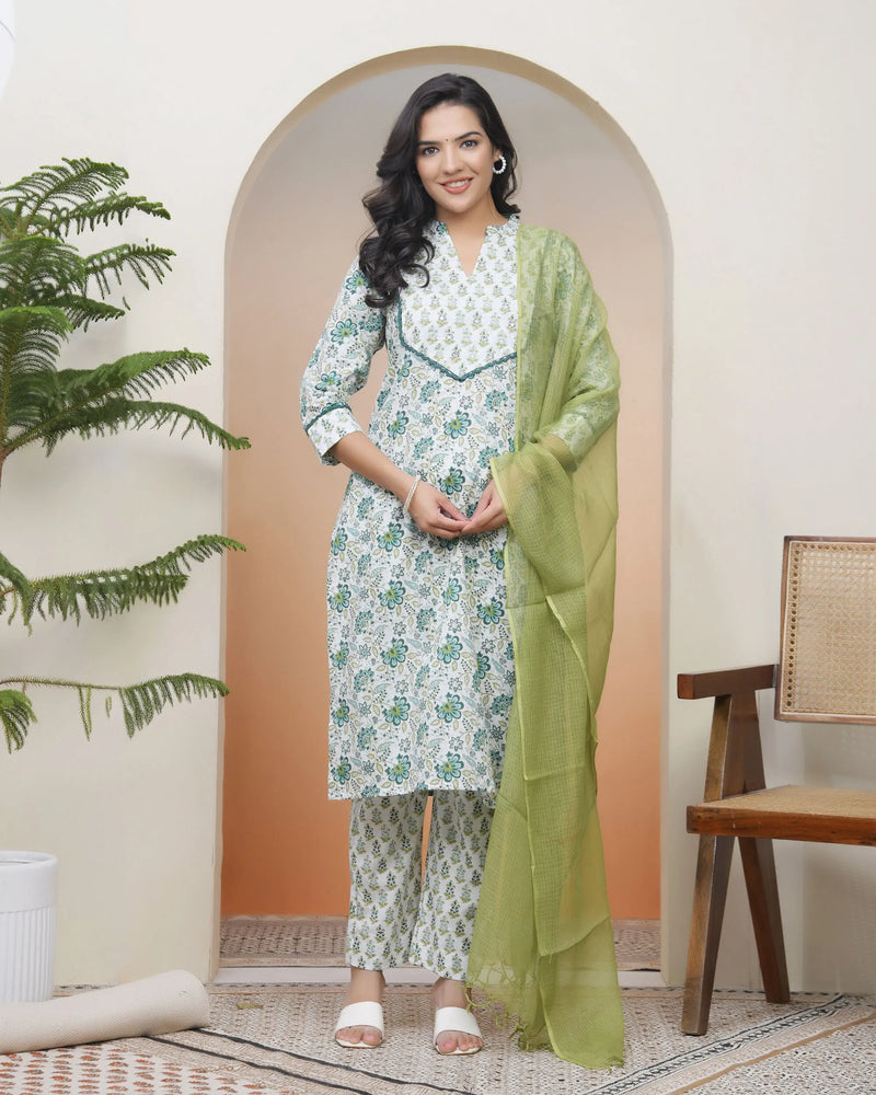 Women’s White Cotton Kurta with Cotton Pants & Dupatta (Set of 5 Pc)