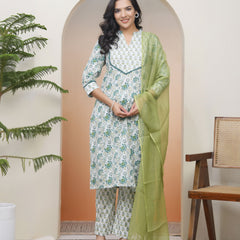 Women White Cotton Kurta With Cotton Pant & Dupatta (Set of 5 Pc)