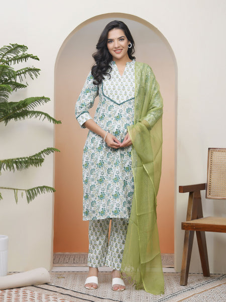 Women White Cotton Kurta With Cotton Pant & Dupatta (Set of 5 Pc)