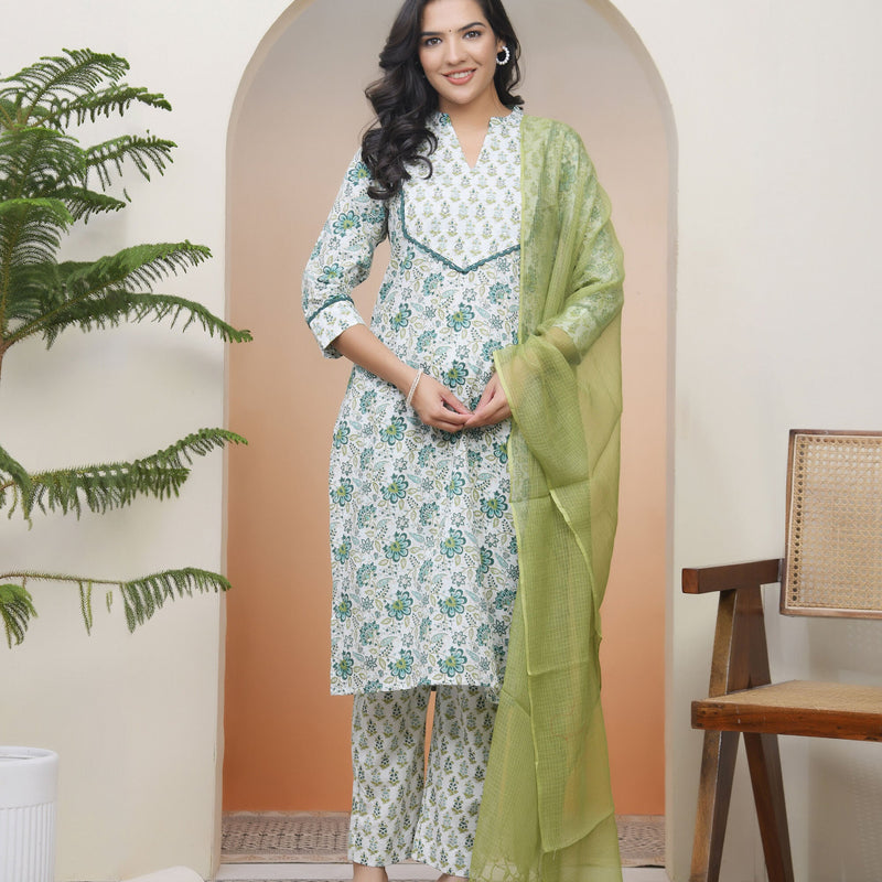 Women White Cotton Kurta With Cotton Pant & Dupatta (Set of 5 Pc)
