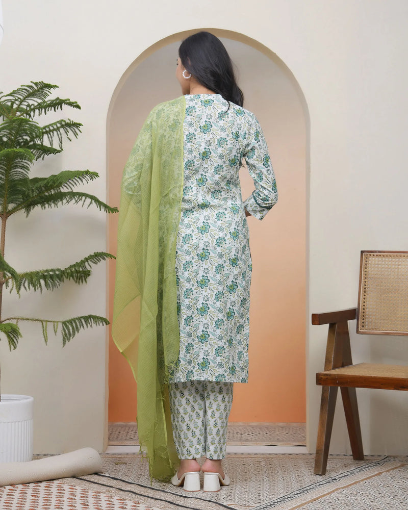 Women’s White Cotton Kurta with Cotton Pants & Dupatta (Set of 5 Pc)