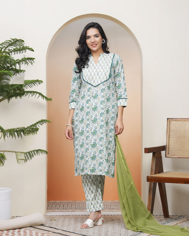 Women White Cotton Kurta With Cotton Pant & Dupatta (Set of 5 Pc)