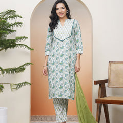 Women White Cotton Kurta With Cotton Pant & Dupatta (Set of 5 Pc)
