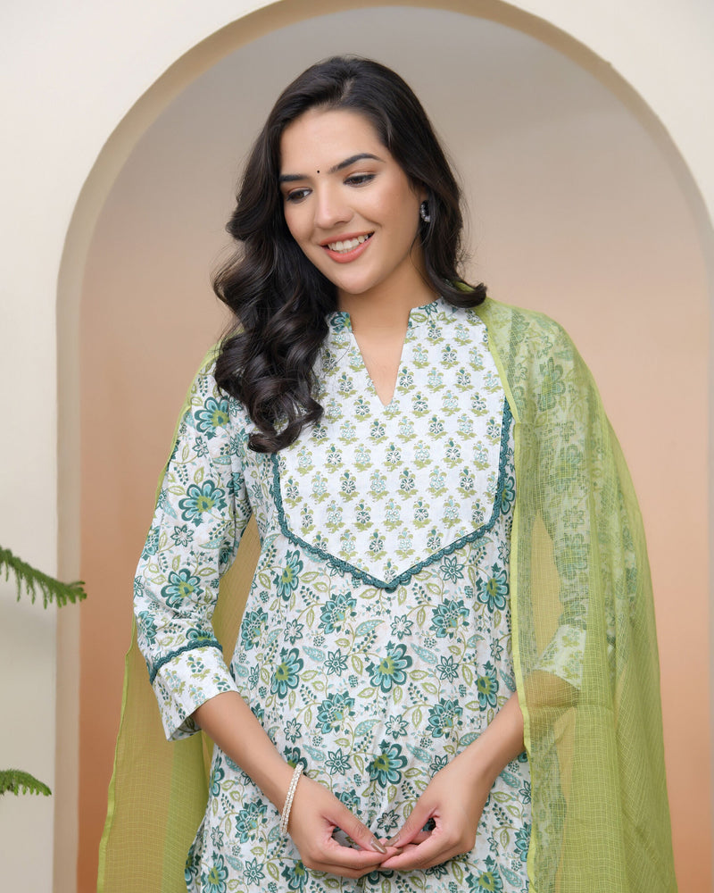 Women White Cotton Kurta With Cotton Pant & Dupatta (Set of 5 Pc)