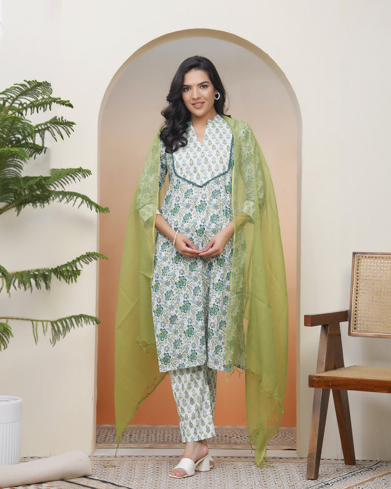 Women White Cotton Kurta With Cotton Pant & Dupatta (Set of 5 Pc)