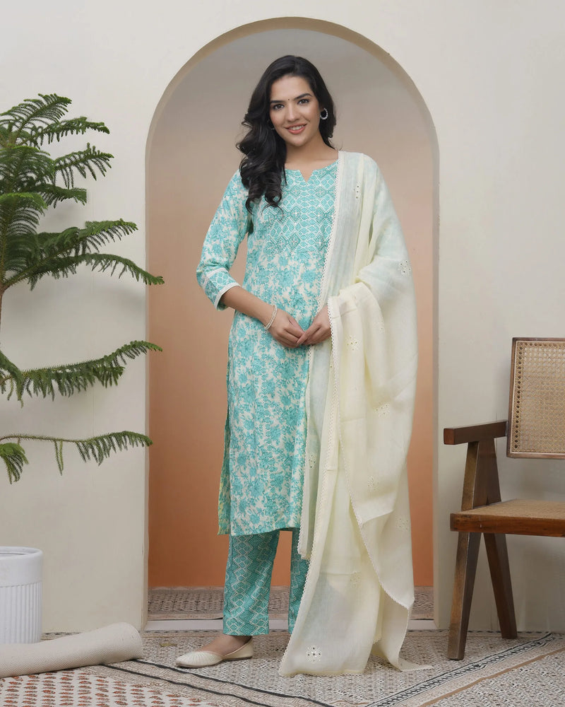 Women’s Aquamarine Cotton Kurta with Cotton Pants & Dupatta (Set of 5 Pc)