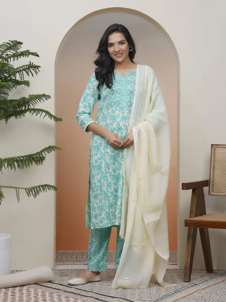 Women’s Aquamarine Cotton Kurta with Cotton Pants & Dupatta (Set of 5 Pc)