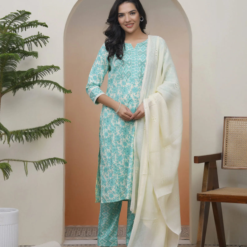 Women’s Aquamarine Cotton Kurta with Cotton Pants & Dupatta (Set of 5 Pc)