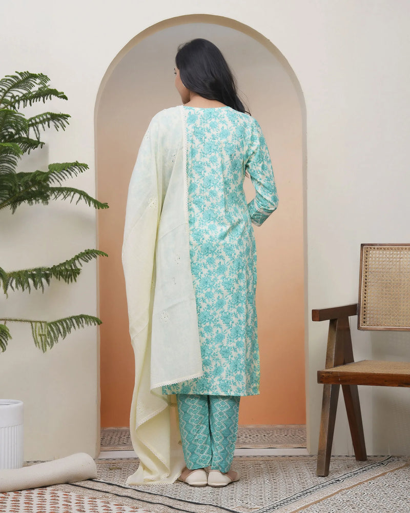 Women’s Aquamarine Cotton Kurta with Cotton Pants & Dupatta (Set of 5 Pc)