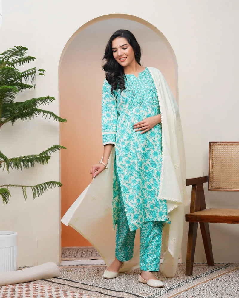 Women’s Aquamarine Cotton Kurta with Cotton Pants & Dupatta (Set of 5 Pc)
