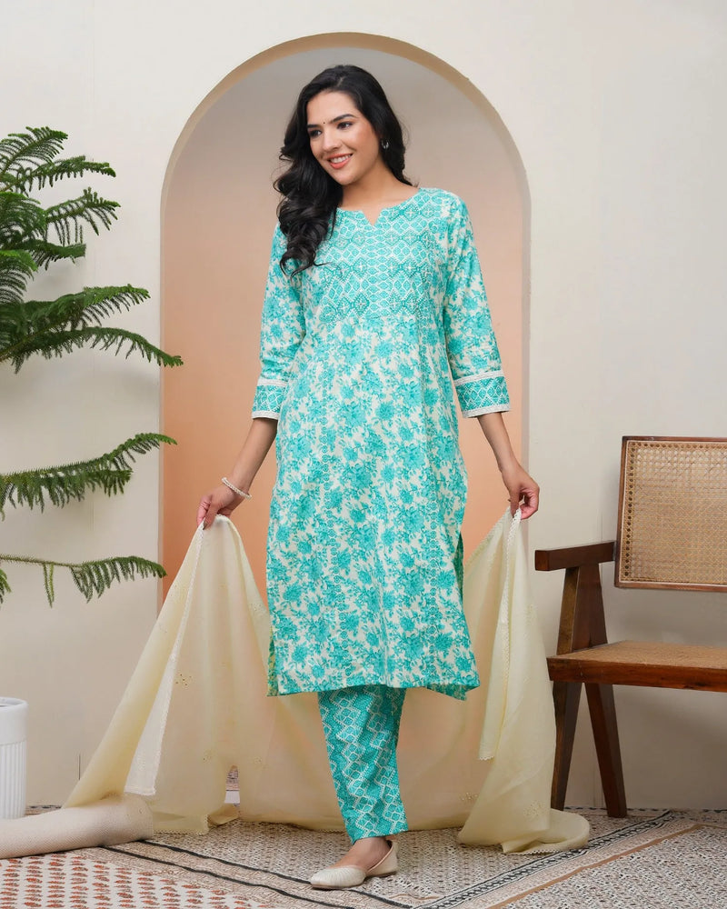 Women’s Aquamarine Cotton Kurta with Cotton Pants & Dupatta (Set of 5 Pc)