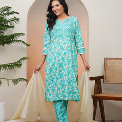 Women’s Aquamarine Cotton Kurta with Cotton Pants & Dupatta (Set of 5 Pc)