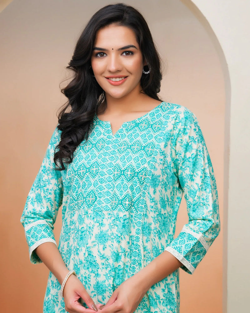 Women’s Aquamarine Cotton Kurta with Cotton Pants & Dupatta (Set of 5 Pc)