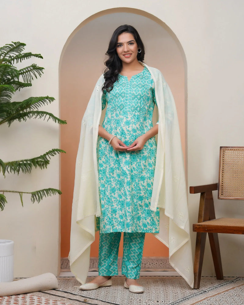 Women’s Aquamarine Cotton Kurta with Cotton Pants & Dupatta (Set of 5 Pc)