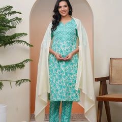 Women’s Aquamarine Cotton Kurta with Cotton Pants & Dupatta (Set of 5 Pc)