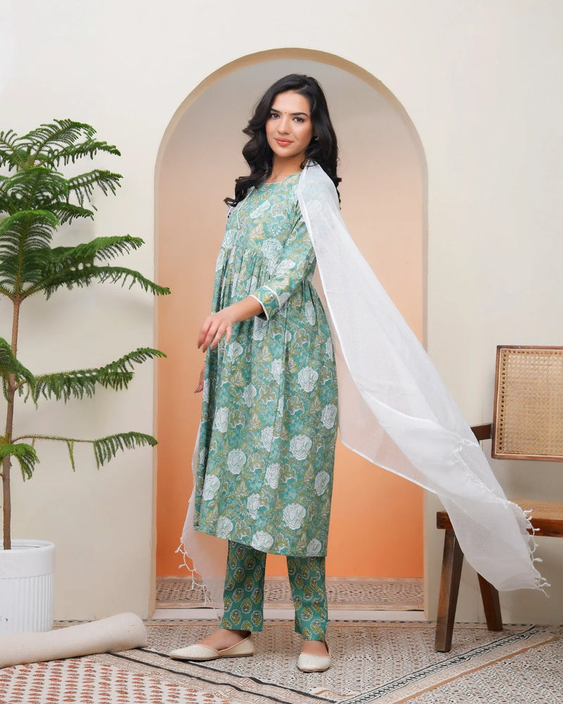 Women Ferozi Cotton Kurta With Cotton Pant & Dupatta (Set of 5 Pc)