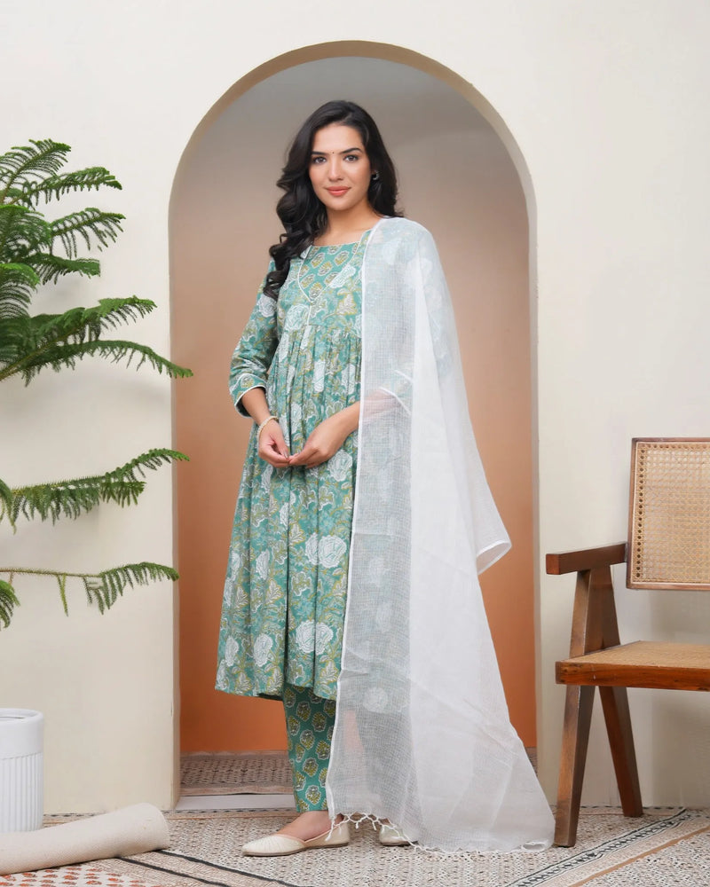 Women Ferozi Cotton Kurta With Cotton Pant & Dupatta (Set of 5 Pc)