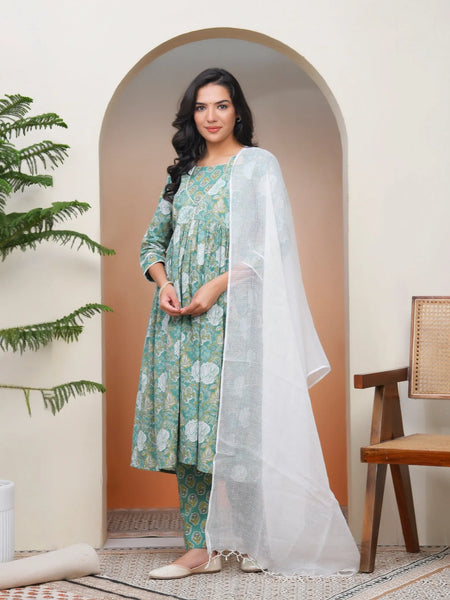 Women Ferozi Cotton Kurta With Cotton Pant & Dupatta (Set of 5 Pc)