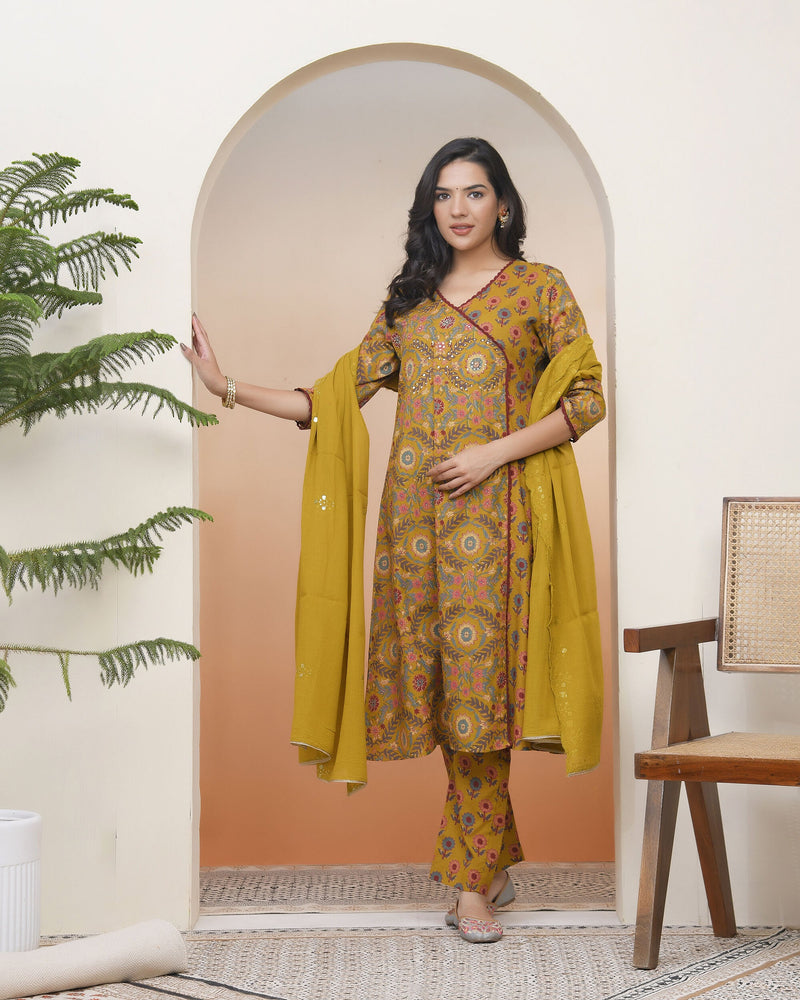 Women Mustard Cotton Angrakha Kurta With Cotton Pant & Dupatta (Set of 5 Pc)