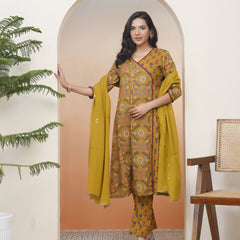 Women Mustard Cotton Angrakha Kurta With Cotton Pant & Dupatta (Set of 5 Pc)
