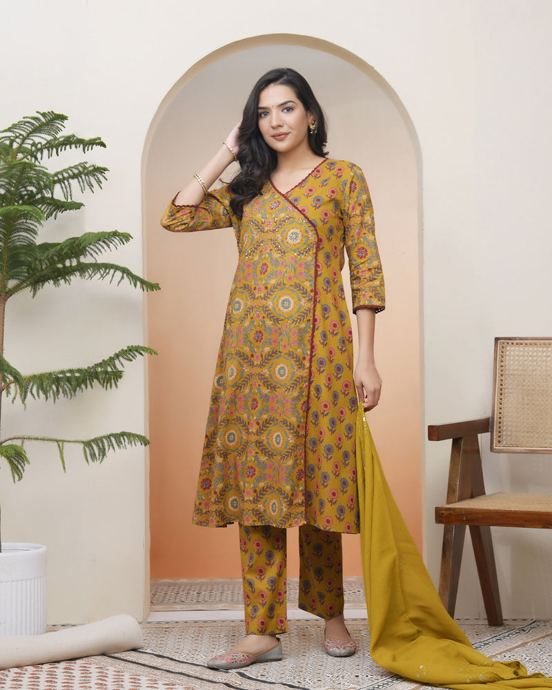 Women Mustard Cotton Angrakha Kurta With Cotton Pant & Dupatta (Set of 5 Pc)