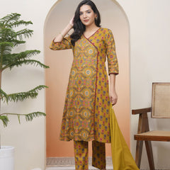 Women Mustard Cotton Angrakha Kurta With Cotton Pant & Dupatta (Set of 5 Pc)