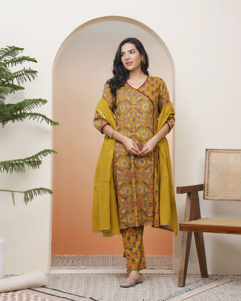 Women Mustard Cotton Angrakha Kurta With Cotton Pant & Dupatta (Set of 5 Pc)