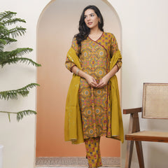 Women Mustard Cotton Angrakha Kurta With Cotton Pant & Dupatta (Set of 5 Pc)