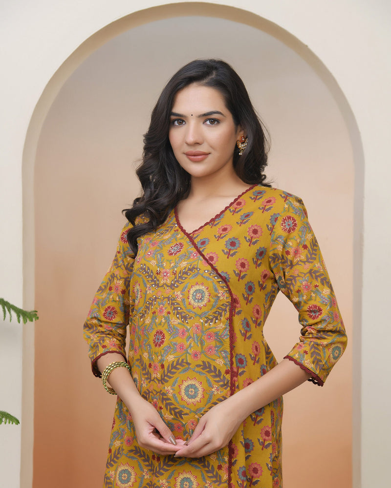 Women Mustard Cotton Angrakha Kurta With Cotton Pant & Dupatta (Set of 5 Pc)
