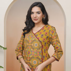 Women Mustard Cotton Angrakha Kurta With Cotton Pant & Dupatta (Set of 5 Pc)