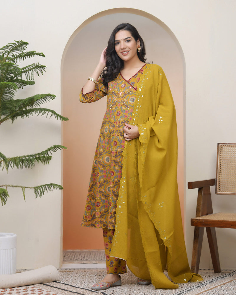 Women Mustard Cotton Angrakha Kurta With Cotton Pant & Dupatta (Set of 5 Pc)