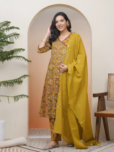 Women Mustard Cotton Angrakha Kurta With Cotton Pant & Dupatta (Set of 5 Pc)