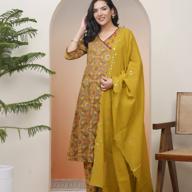 Women Mustard Cotton Angrakha Kurta With Cotton Pant & Dupatta (Set of 5 Pc)