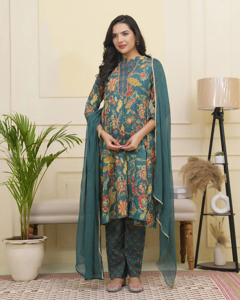 Women Dark Sea Cotton Gathered Kurta With Cotton Pant & Dupatta (Set of 5 Pc)