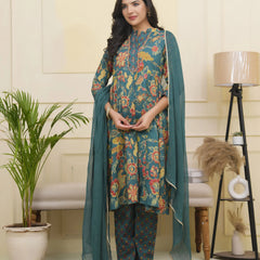 Women Dark Sea Cotton Gathered Kurta With Cotton Pant & Dupatta (Set of 5 Pc)