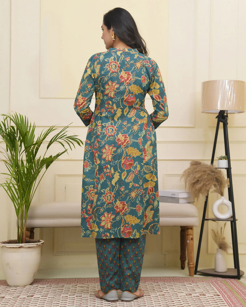 Women Dark Sea Cotton Gathered Kurta With Cotton Pant & Dupatta (Set of 5 Pc)