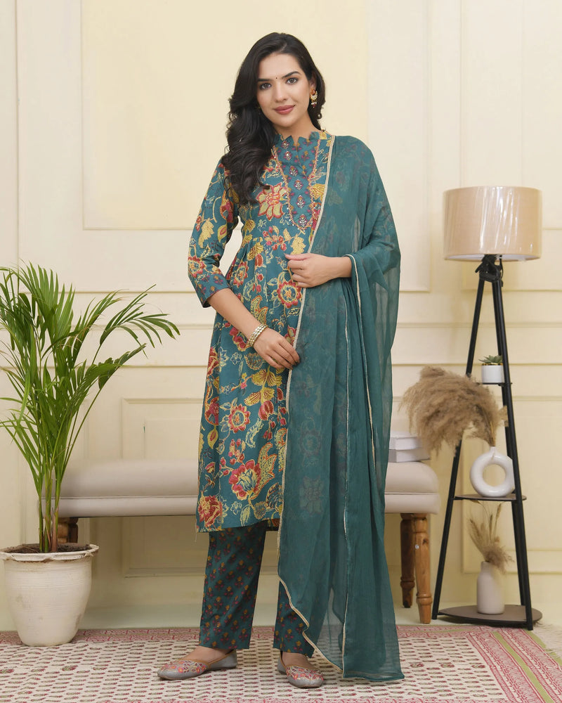 Women Dark Sea Cotton Gathered Kurta With Cotton Pant & Dupatta (Set of 5 Pc)