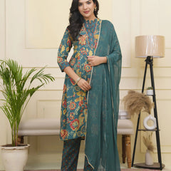 Women Dark Sea Cotton Gathered Kurta With Cotton Pant & Dupatta (Set of 5 Pc)