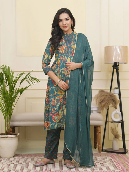 Women Dark Sea Cotton Gathered Kurta With Cotton Pant & Dupatta (Set of 5 Pc)