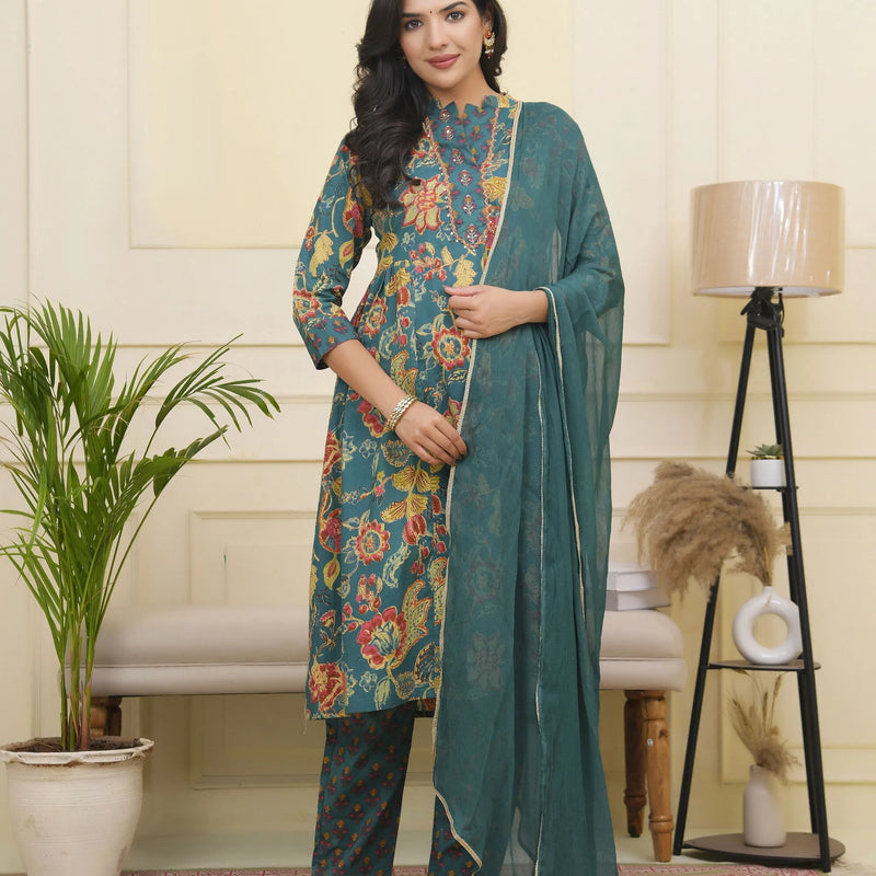 Women Dark Sea Cotton Gathered Kurta With Cotton Pant & Dupatta (Set of 5 Pc)
