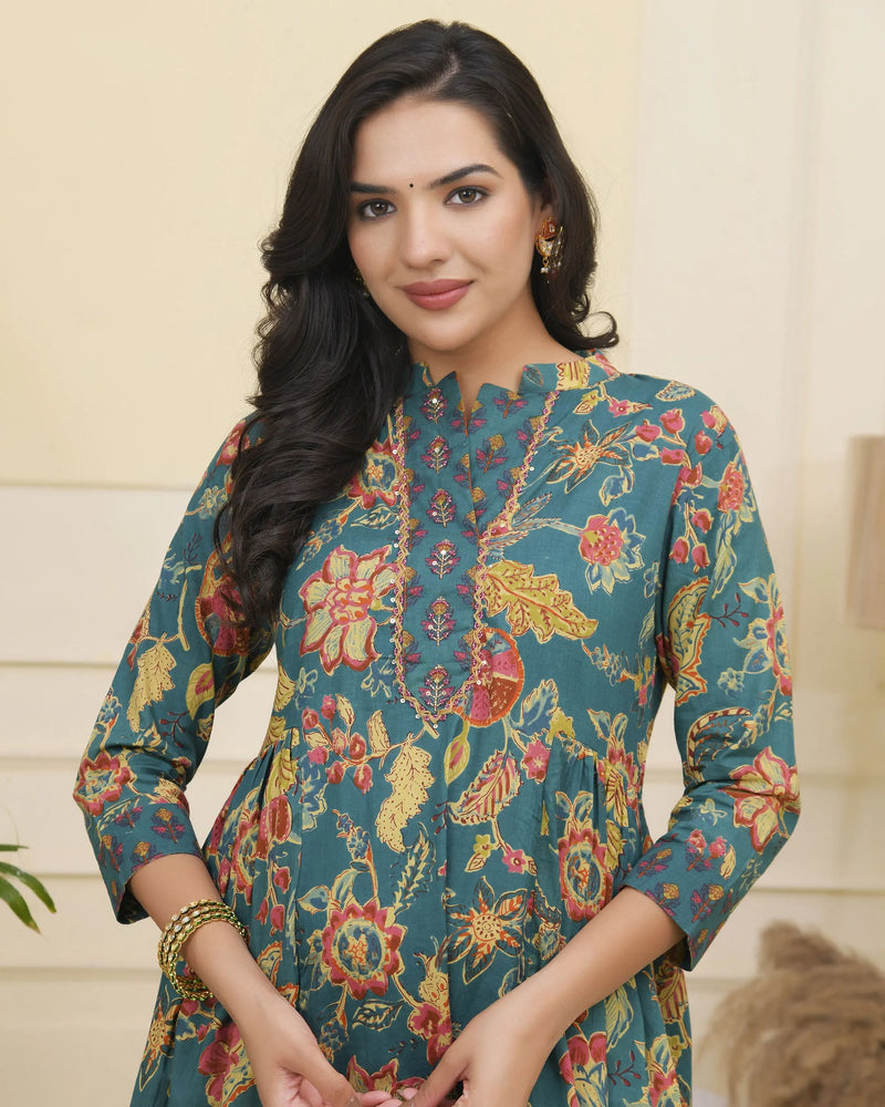 Women Dark Sea Cotton Gathered Kurta With Cotton Pant & Dupatta (Set of 5 Pc)