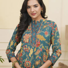Women Dark Sea Cotton Gathered Kurta With Cotton Pant & Dupatta (Set of 5 Pc)