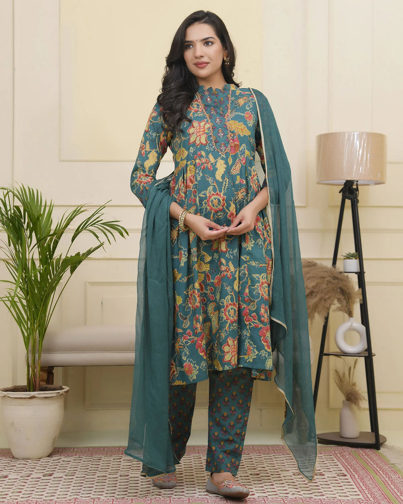 Women Dark Sea Cotton Gathered Kurta With Cotton Pant & Dupatta (Set of 5 Pc)