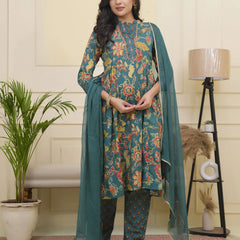 Women Dark Sea Cotton Gathered Kurta With Cotton Pant & Dupatta (Set of 5 Pc)