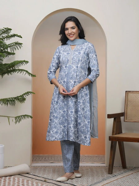Women Grey Panel Kurta With Cotton Pant & Dupatta (Set of 5 Pc)