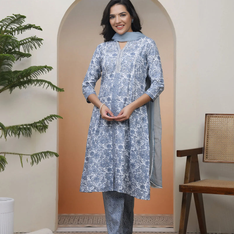 Women Grey Panel Kurta With Cotton Pant & Dupatta (Set of 5 Pc)