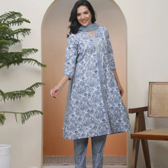 Women Grey Panel Kurta With Cotton Pant & Dupatta (Set of 5 Pc)