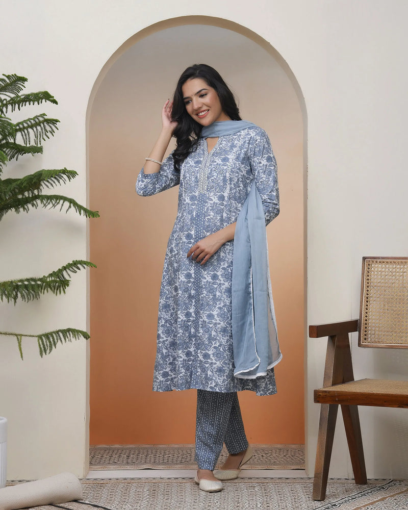 Women Grey Panel Kurta With Cotton Pant & Dupatta (Set of 5 Pc)
